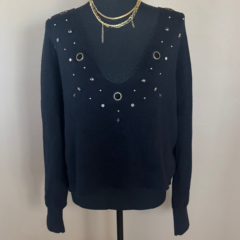 Wildfox Black V-Neck Cline Sweater with Studded Details M